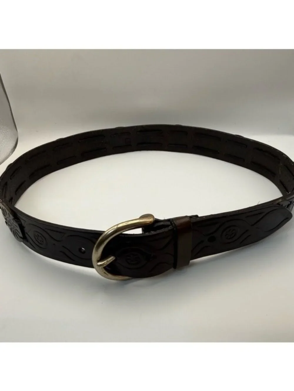 Fossil Tooled Leather Belt Size M 30 Western Floral Medallion Brass Buckle